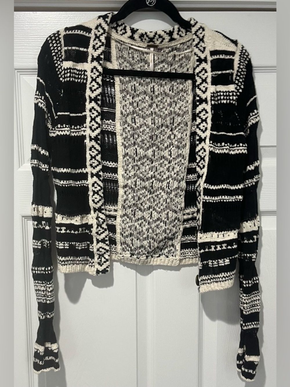 Free People Black & Cream Open-Front Patterned Cardigan